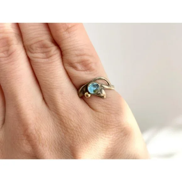 London Blue Topaz Ocean Drop 14k Accents Sterling Silver 925 Vintage Ring - sz 5